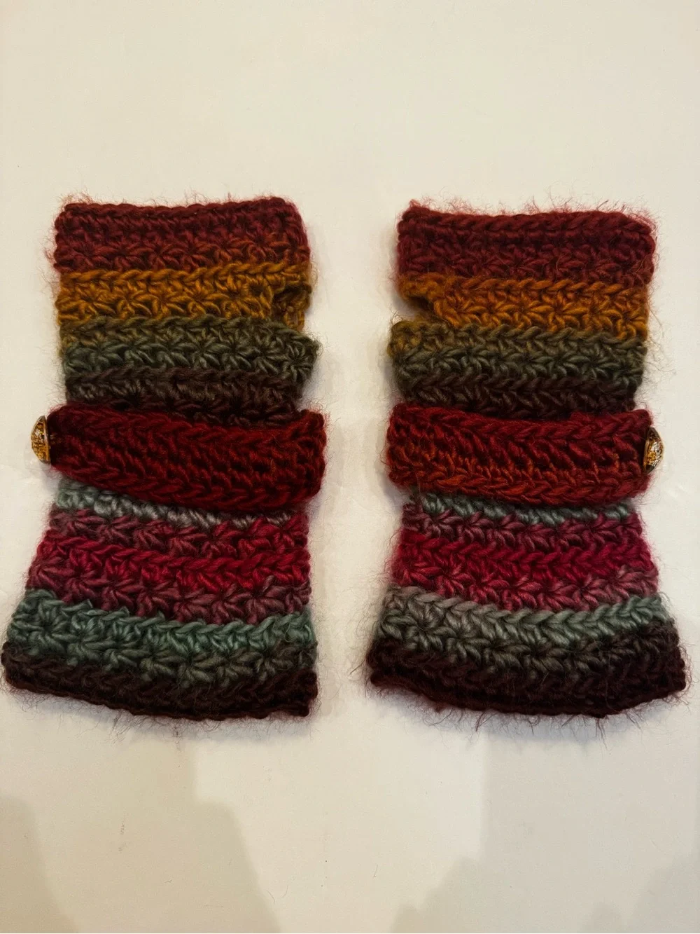 Handmade Handwarmers Crochet Striped Burgundy Blue Tan Mittens Womens